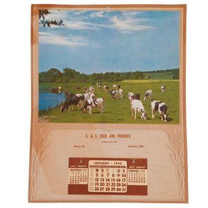 Hominy Oklahoma 1953 Calendar Cow Cattle Ranch Advertising S and S Feed Produce